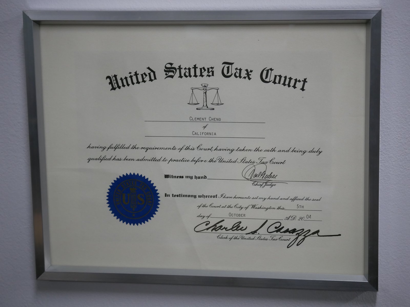 Clement Cheng’s certificate of admission to practice before the United States Tax Court